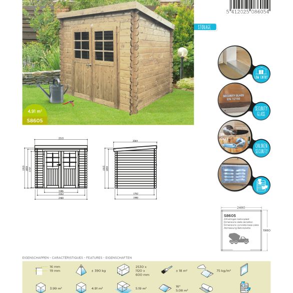Abri en bois stendal 248 x 198 cm 4,91 m²- s8605