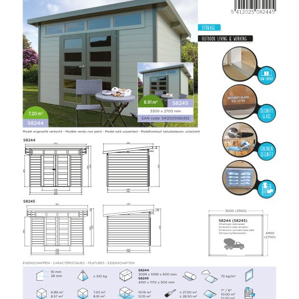 Abri jardin 28 mm verona 300x240 mm 7,20m² 