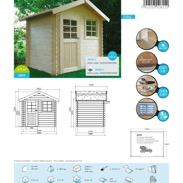 Abri de jardin 28 mm laval 238x198 cm - 4,71 m²