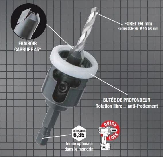 Kit fraisage perçage pour terrasse Ø4 mm pour vis de 4,5 à 6mm diager 
