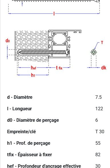 Vis béton Ø7,50 x 122 mm en acier zingué torx30 smart - boîte de 100