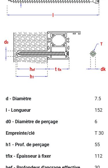 Vis béton Ø7,50 x 152 mm en acier zingué torx30 smart - boîte de 100
