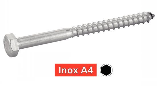 Vis bois tirefond inox a4 8x80 mm tête hexagonale din 571 - 100 pces 