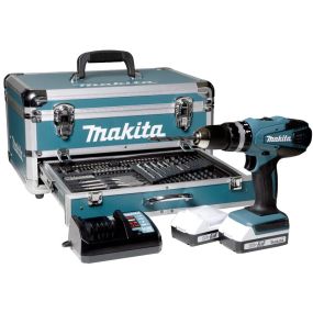 Perceuse visseuse percussion 2ah 18v avec 2 batteries bl1820g + chargeur + 70 accessoires hp488daex2 makita