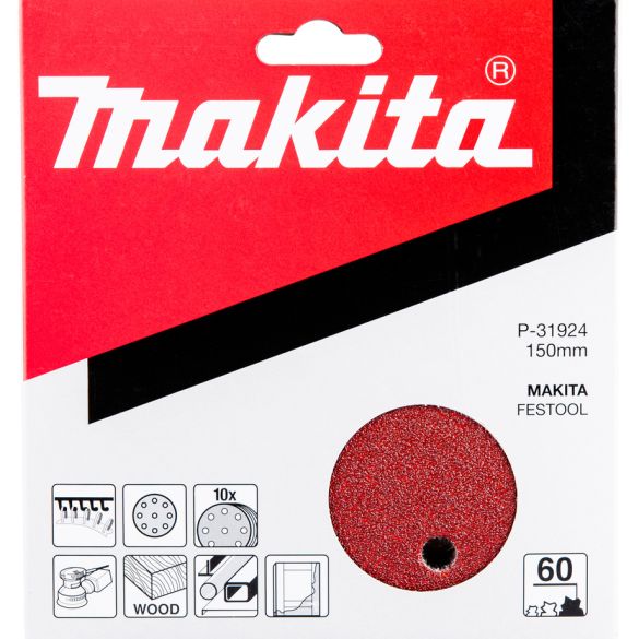 10 disques abrasifs Ø150 mm grain 60 - 8 + 1 trous (bois/métal) | Makita P-31924