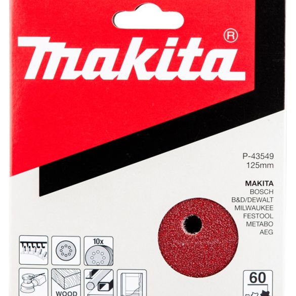 10 Disques abrasifs grain 60 - Ø 125 mm - 8 trous (bois/métal) | Makita P-43549