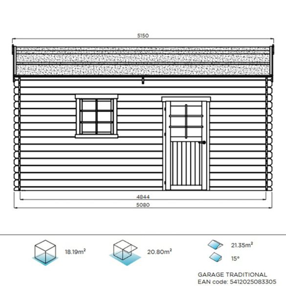 Garage bois massif 28 mm Traditional 18,19 m² - 358x508 cm - S8331 Solid