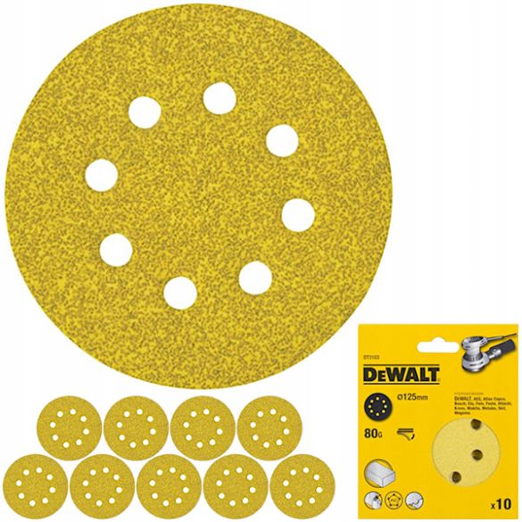 10 disques abrasifs grain 80 - Ø 125 mm - velcro - 8 perforations | DEWALT DT3103