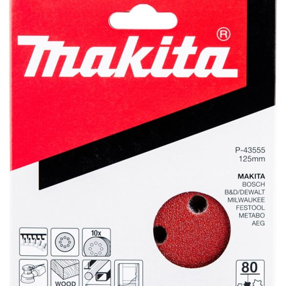 10 Disques abrasifs grain 80 - Ø 125 mm - 8 trous (bois/métal) | Makita P-43555