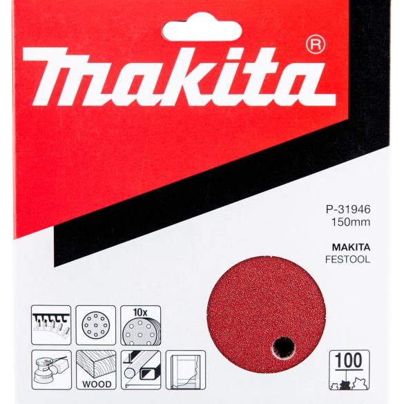 10 disques abrasifs Ø150 mm grain 100 - 8 + 1 trous (bois/métal) | Makita P-31946