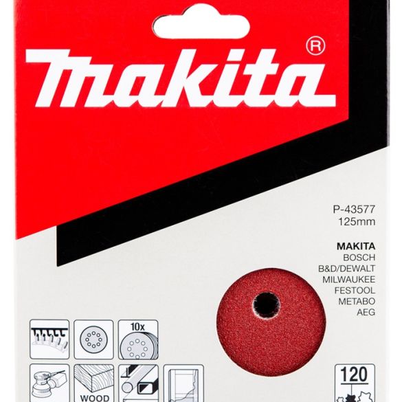 10 Disques abrasifs grain 120 - Ø 125 mm - 8 trous (bois/métal) | Makita P-43577