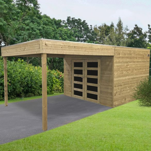 Abri jardin traité autoclave MATERA 8,69 m² avec pergola - 299x291+287 cm - S8743-1 SOLID