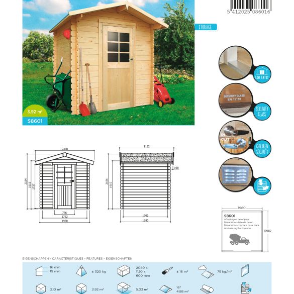 Abri jardin bois 19 mm ESSEN 198x198 cm - 3,92 m² 