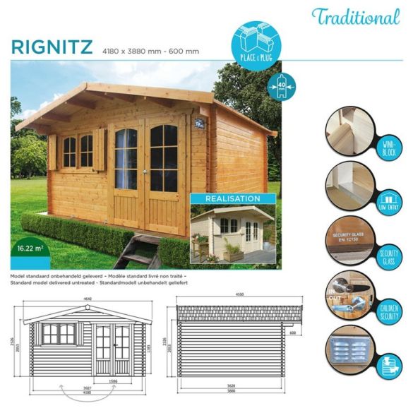Abri bois 40 mm RIGNITZ 16,22 m² 418x388 cm