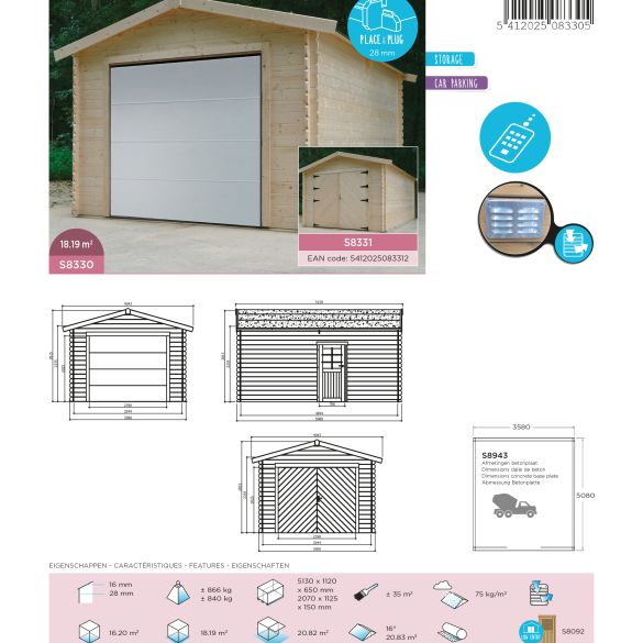 Garage bois 28 mm 18,19 m² porte motorisée 358x508 cm