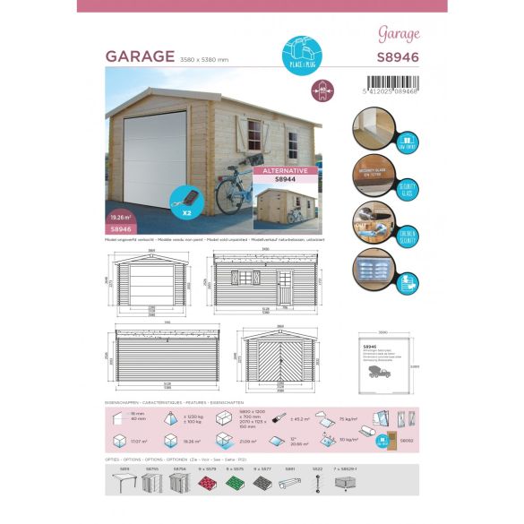 Garage bois 40 mm 19,26 m² porte motorisée 358x538 cm