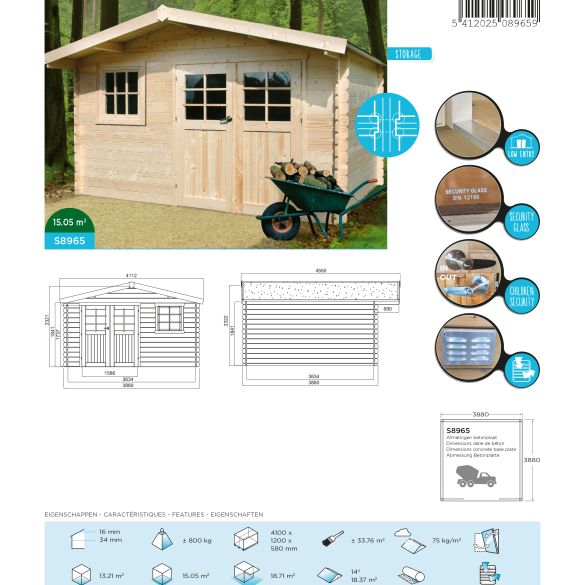 Abri de jardin en bois 34 mm LINZ - 388 x 388 cm - 15,05 m²