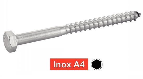 Vis bois Tirefond inox A4 10x100 mm tête hexagonale DIN 571 - 50 pces