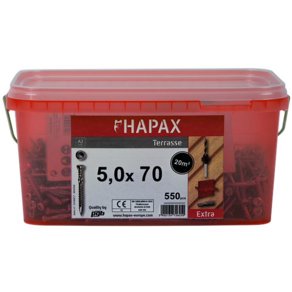 Kit fixation terrasse bois dur DECK-D 5x70 mm HAPAX - 550 vis inox A2