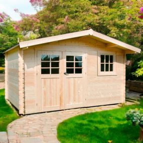 Chalet bois SALZBURG 34 mm – Abri de jardin en bois massif 11,56 m² avec toit double pente et porte semi-vitrée