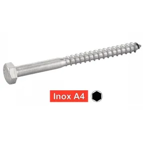 Vis bois Tirefond inox A4 8x80 mm tête hexagonale DIN 571 - 100 pces